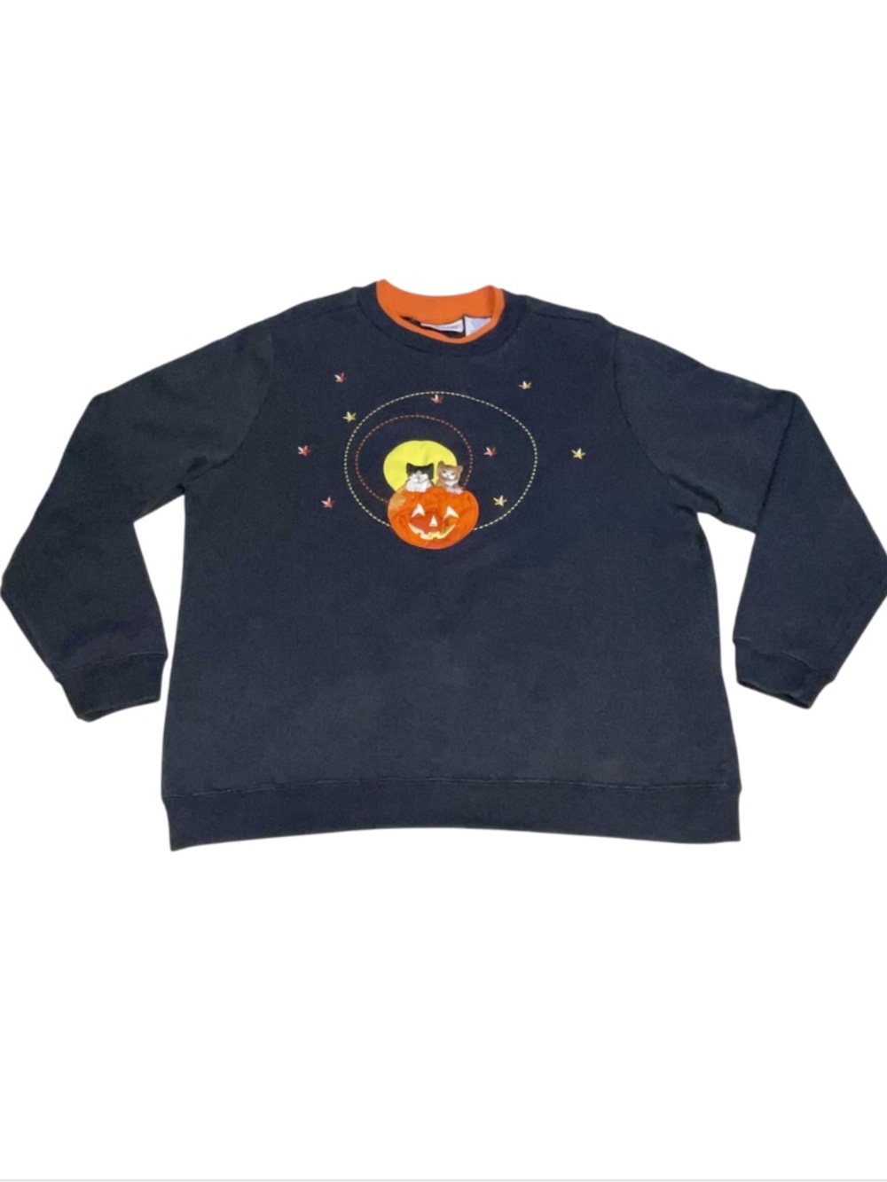 Vintage 90's Women Cat Kitten Sweatshirt Medium Embroidered Pumpkin Grannycore